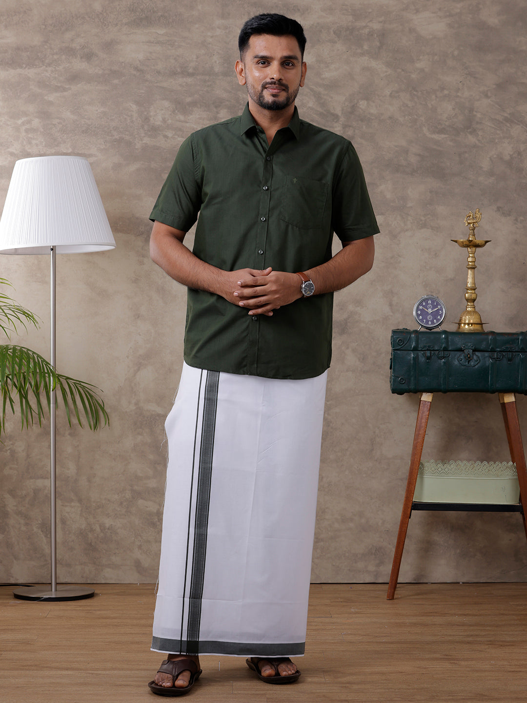 Men Green Matching Border Dhoti & Half Sleeves Shirt Set Evolution IC8