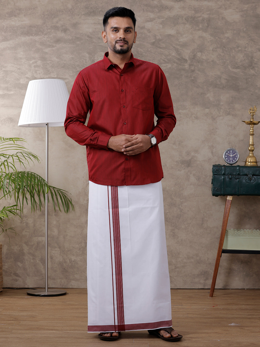 Mens Dark Red Matching Border Dhoti & Full Sleeves Shirt Set Evolution IC9