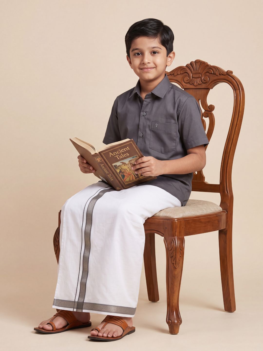 Boys 100% Cotton Shuttle Grey Shirt and Fancy Jari Border Dhoti Set BT6