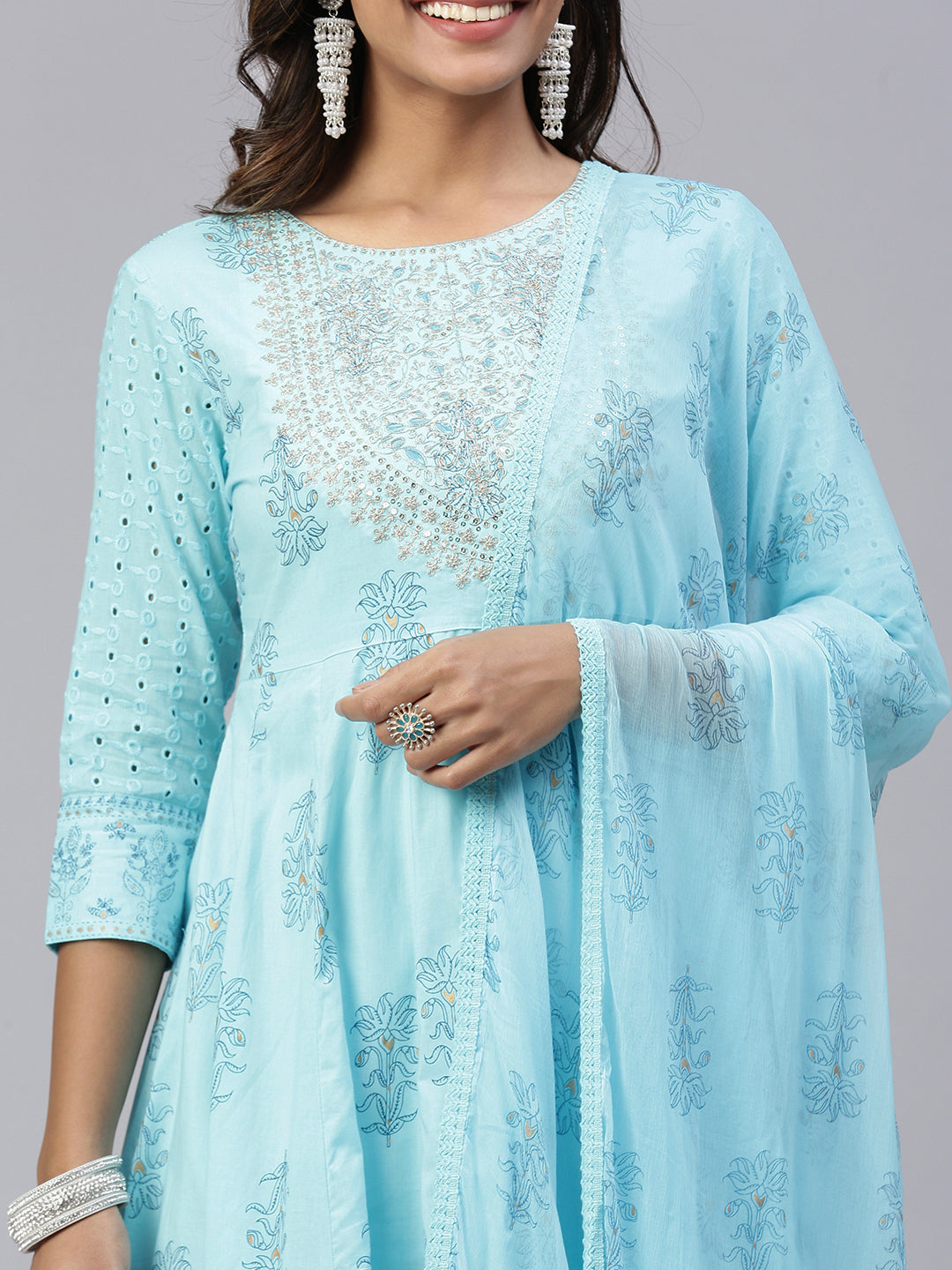 Women Cotton Embroidered Kurti Sets Blue EKS20