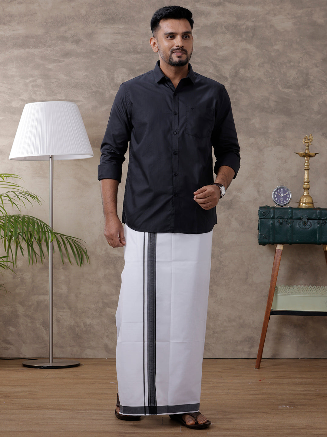 Men Black Matching Border Dhoti Full Sleeves Shirt Set Evolution IC1