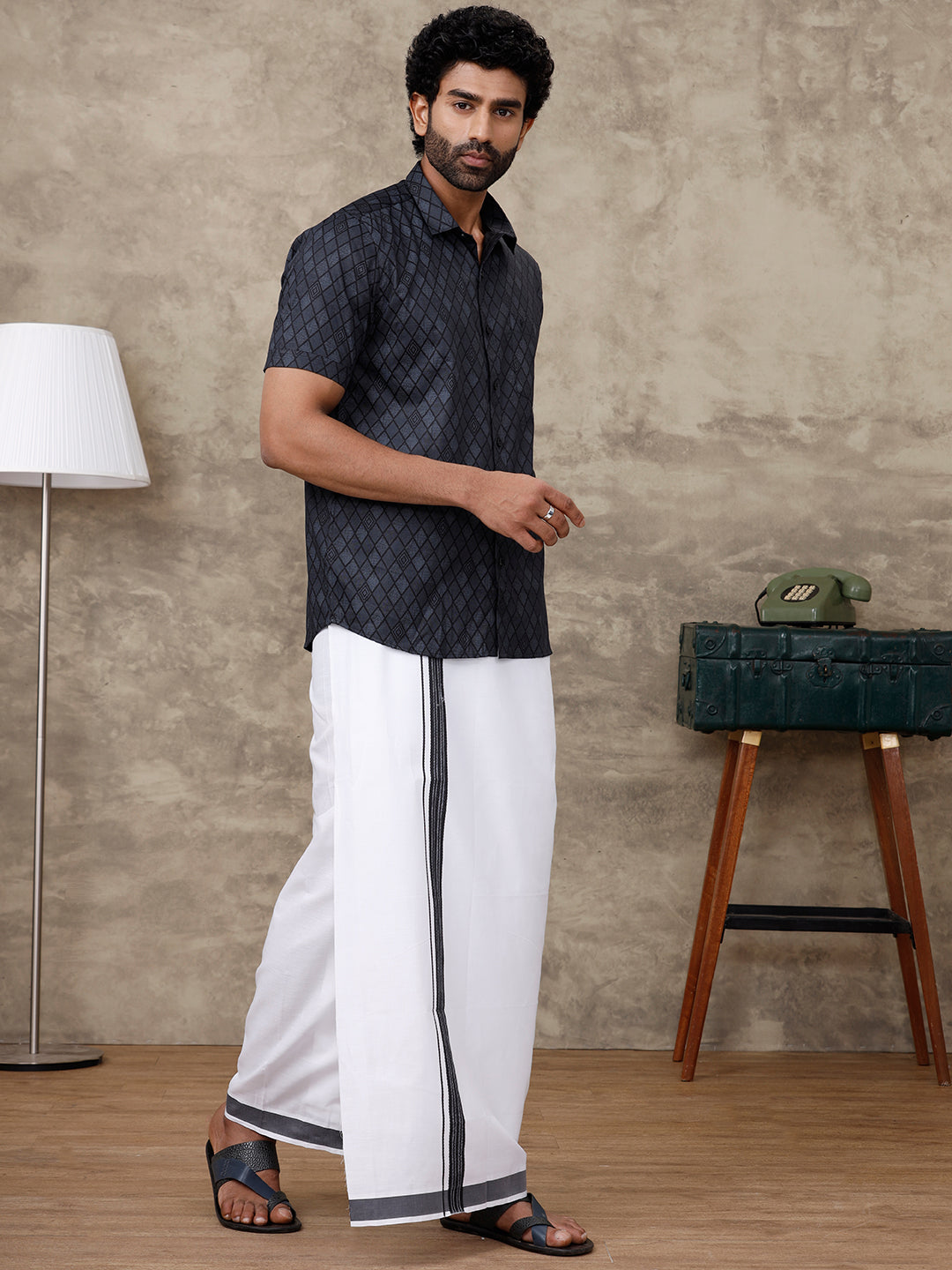 Men Black Matching Border Dhoti With Printed Shirt Set Fusion PS6