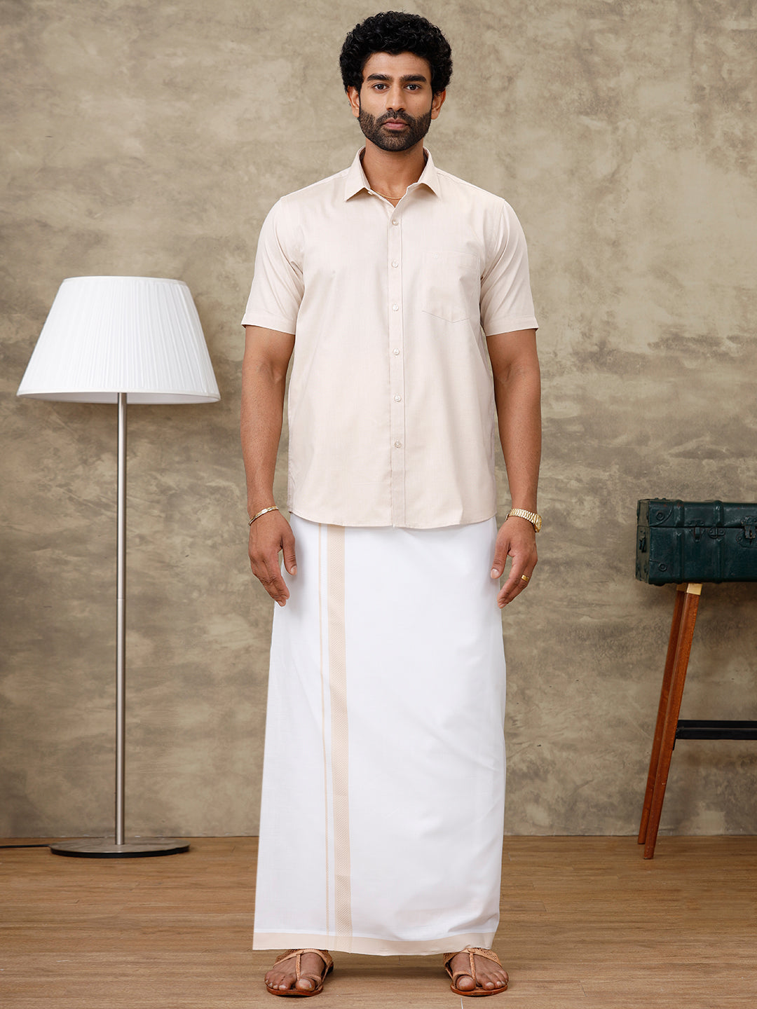 Men Pale Grey Shirt With Matching Border Dhoti Set Evolution