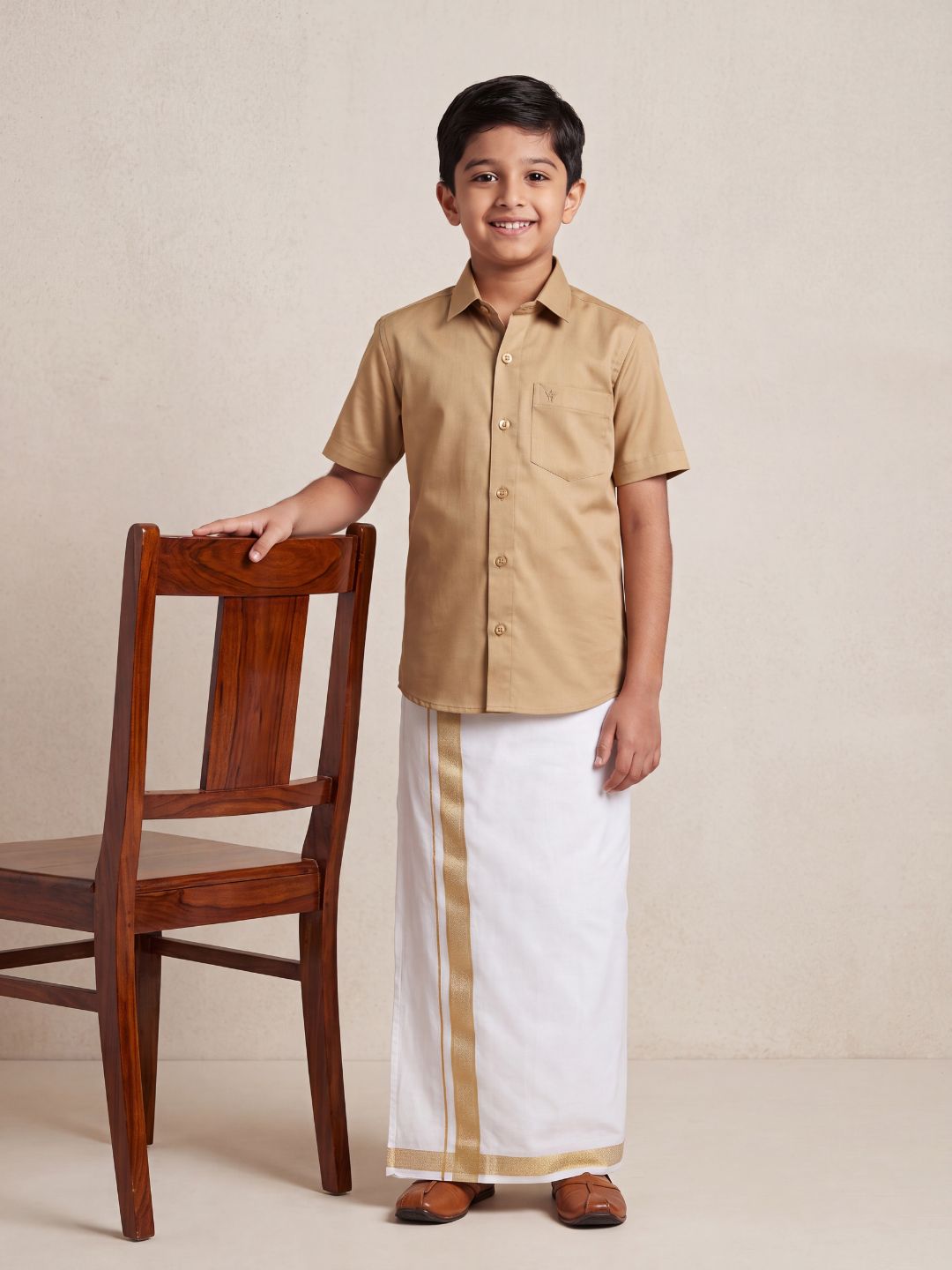 Boys 100% Cotton Brown Shirt and Fancy Border Dhoti Set BT1