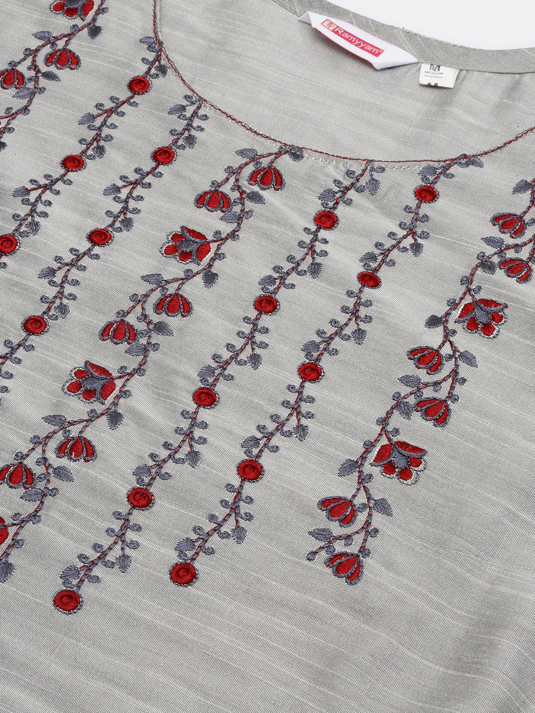 Women Cotton Embroidered Round Neck Straight Cut Grey Kurti EK44