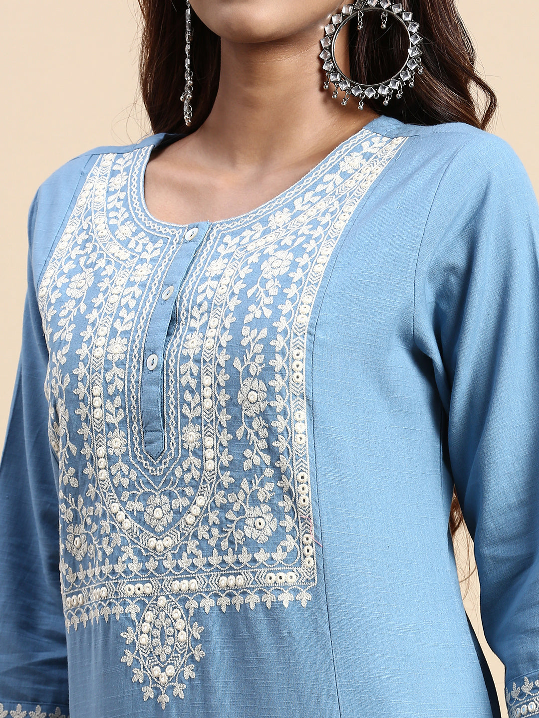 Women Cotton Embroidered Round Neck Straight Cut Blue Kurti EK37