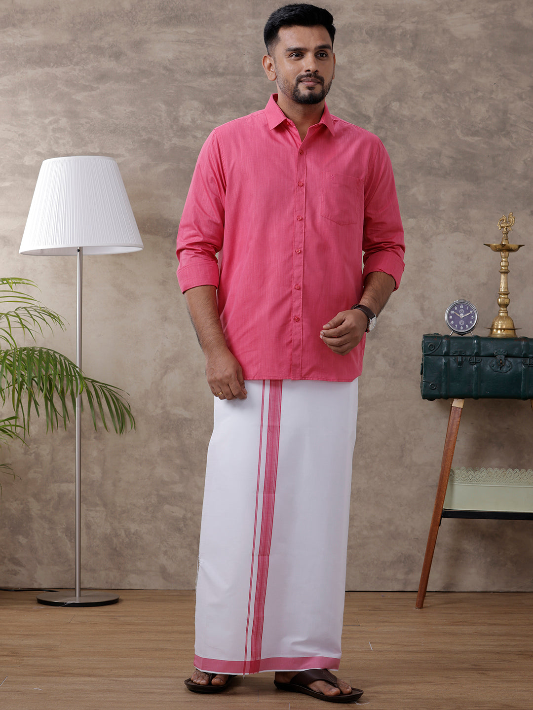 Mens Pink Matching Border Dhoti & Full Sleeves Shirt Set Evolution IC2