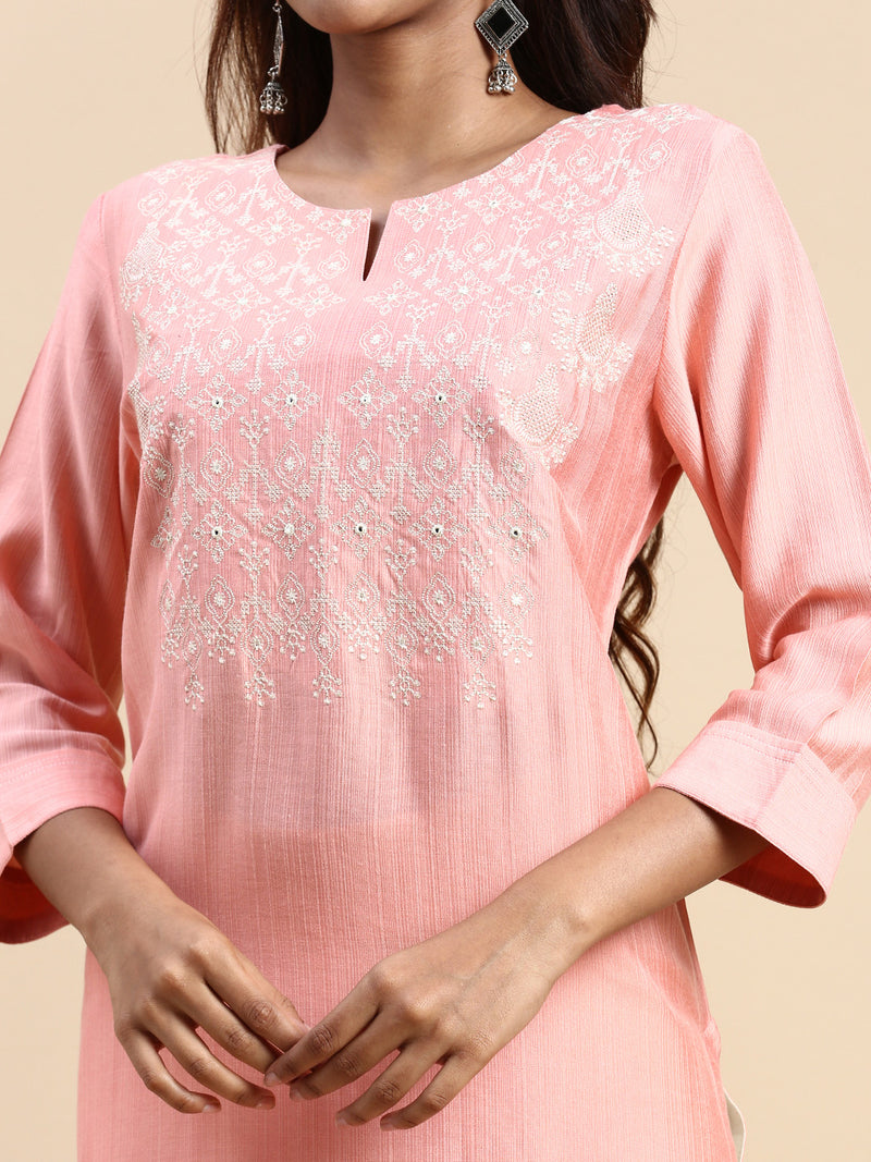 Women Cotton Embroidered Round Neck Straight Cut Pink Kurti EK35