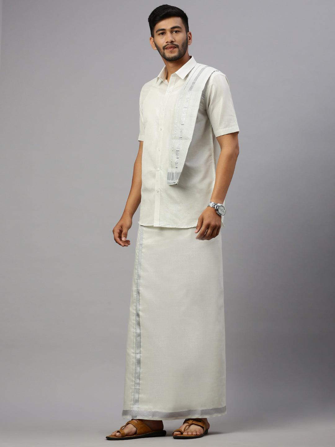 Men Tissue Silver Half Sleeve Shirt Jari Dhoti & Towel Set