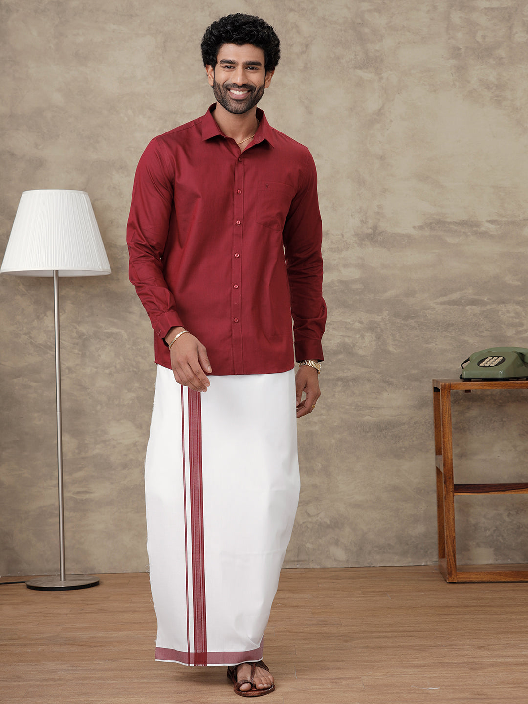 Men Dark Red Colour Shirt With Matching Border Dhoti Set Evolution