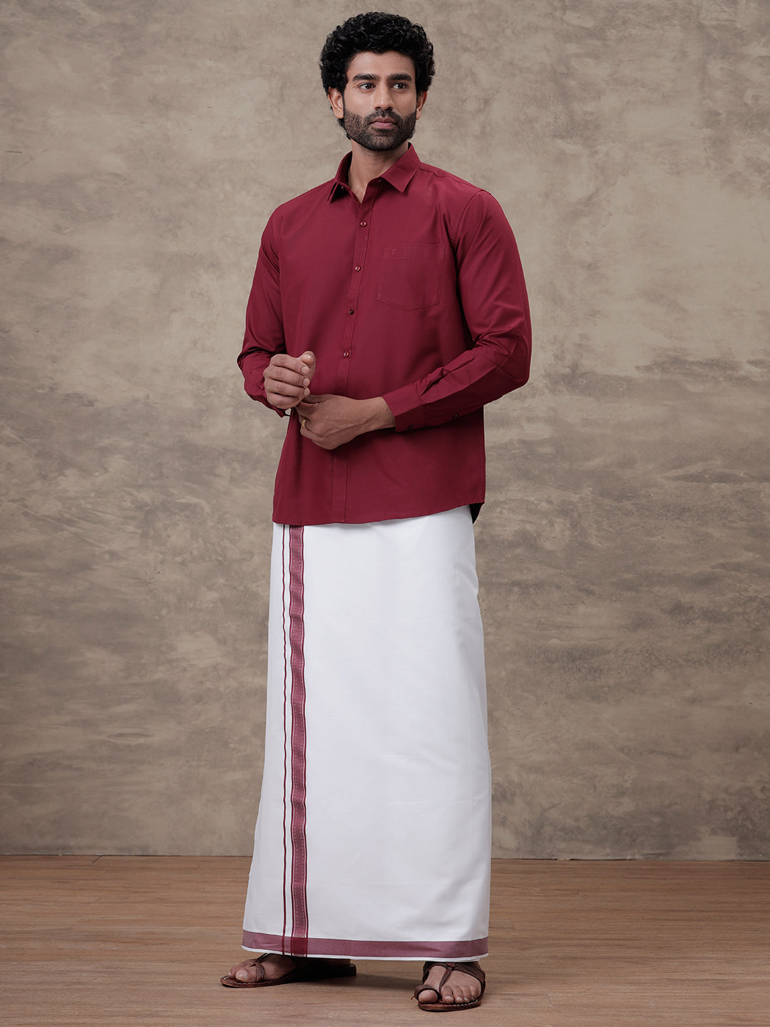 Men Dark Burgundy Shirt With Matching Border Dhoti Set Trendy