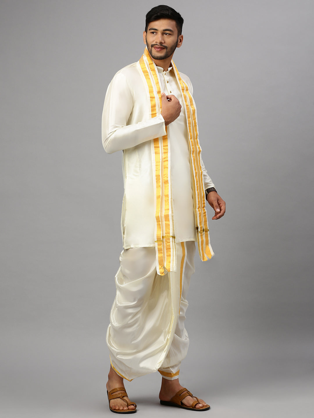 Men Art Silk Cream Kurta Readymade Elastic Panchakacham & Towel set Thirumangalya