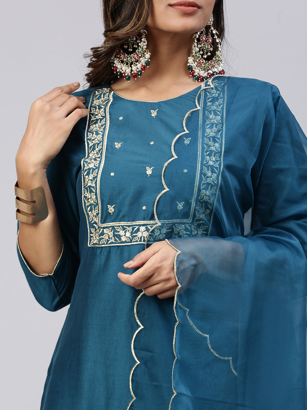 Women Cotton Embroidered Kurti Sets Green EKS31