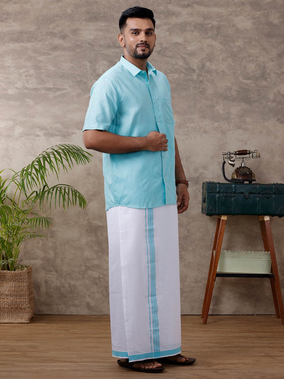 Men Matching Border Dhoti & Half Sleeves Shirt Set Blue C50