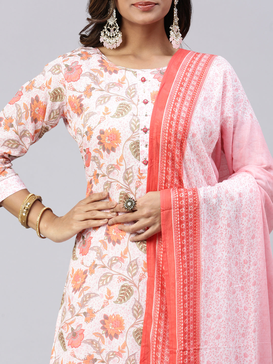 Women Cotton Embroidered Kurti Sets Pink EKS26