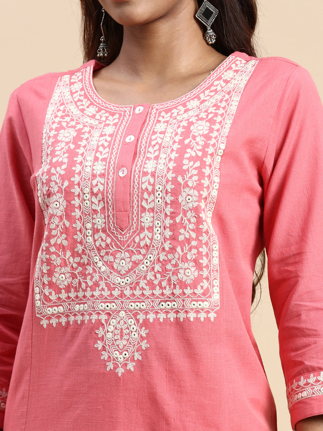 Women Cotton Embroidered Round Neck Straight Cut Pink Kurti EK27-Zoom view