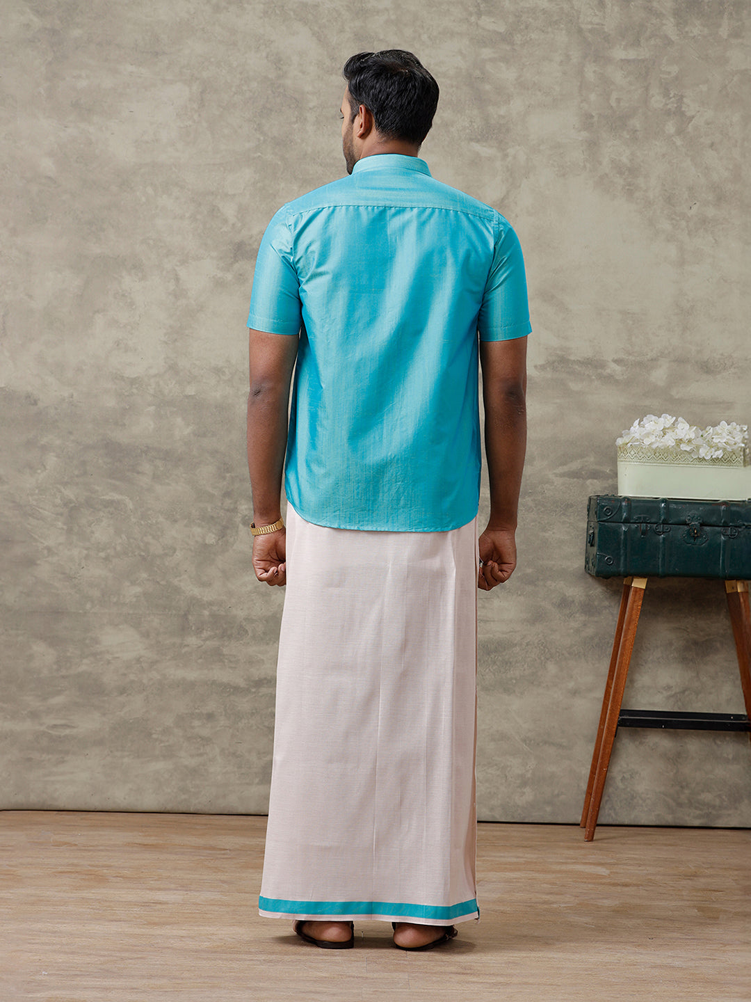 Couple Combo Half Sleeves Shirt & Dhoti Set with Saree Blue SS322