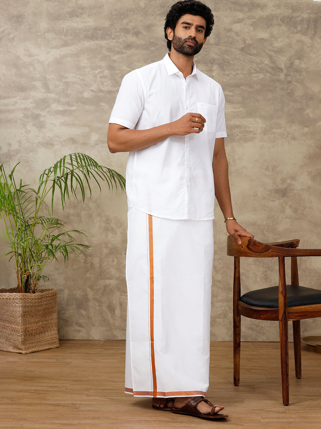 Men Cotton Blend Readymade Double Layer White Dhoti with Copper Jari Border