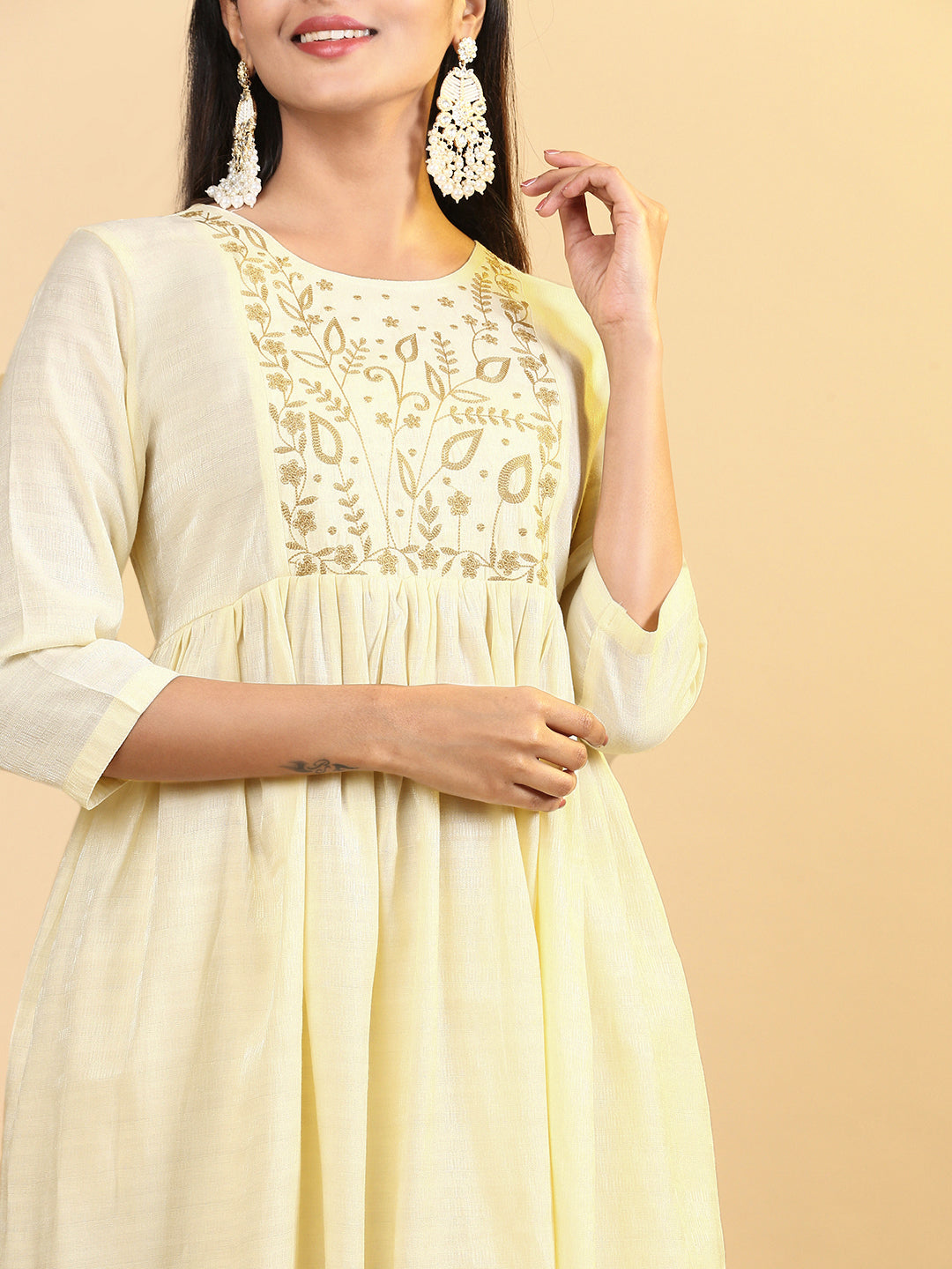 Women Cotton Embroidered Round Neck Kurti Cream EKS11