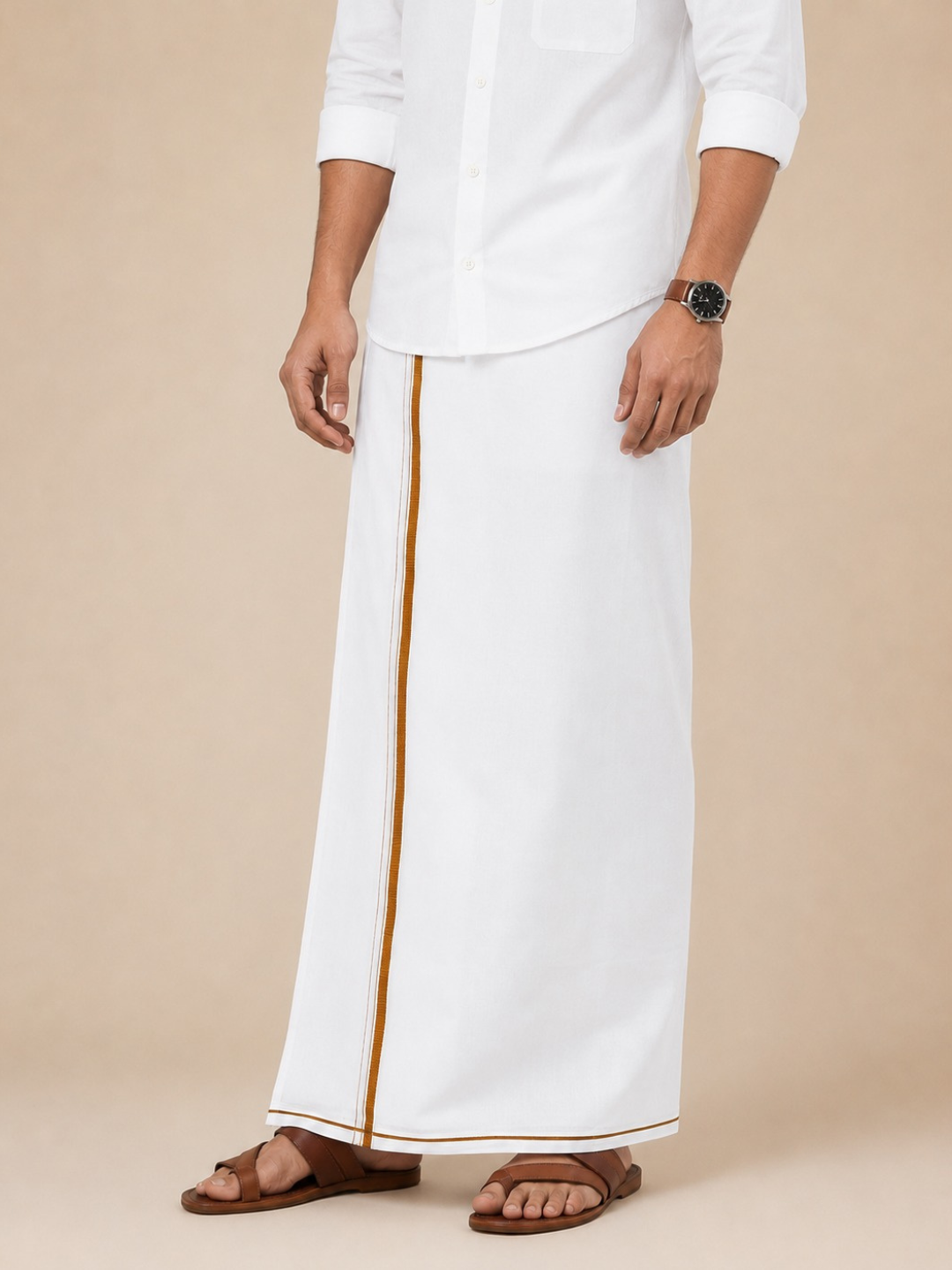 Double Layer 100% Cotton White Dhoti with Small Border - Glaxo SPL GS02