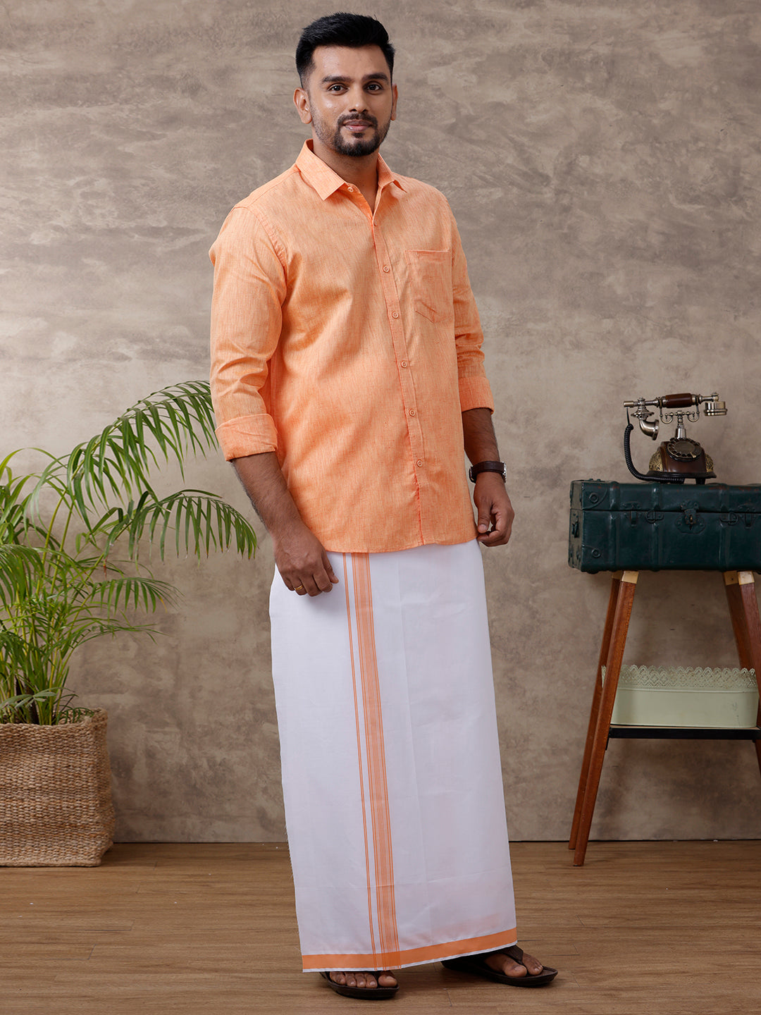 Men Readymade Adjustable Dhoti with Matching Shirt Full Orange C2