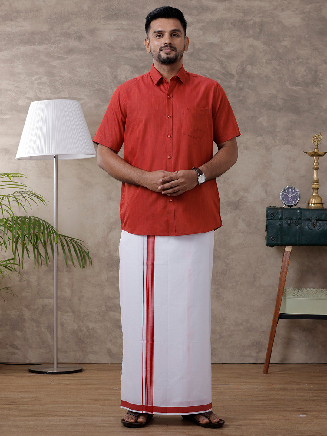 Mens Red Matching Border Dhoti & Half Sleeves Shirt Set Evolution IC5