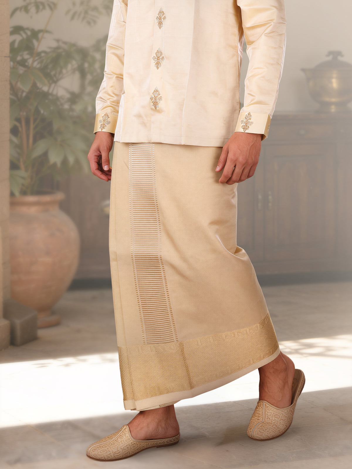 LAGNAA Premium Pure Tussar Silk Hand Embroidered Designer Shirt & Dhoti Set with Royal Butta Detailing Signature Chest Emblem Jari | Rajarudhran