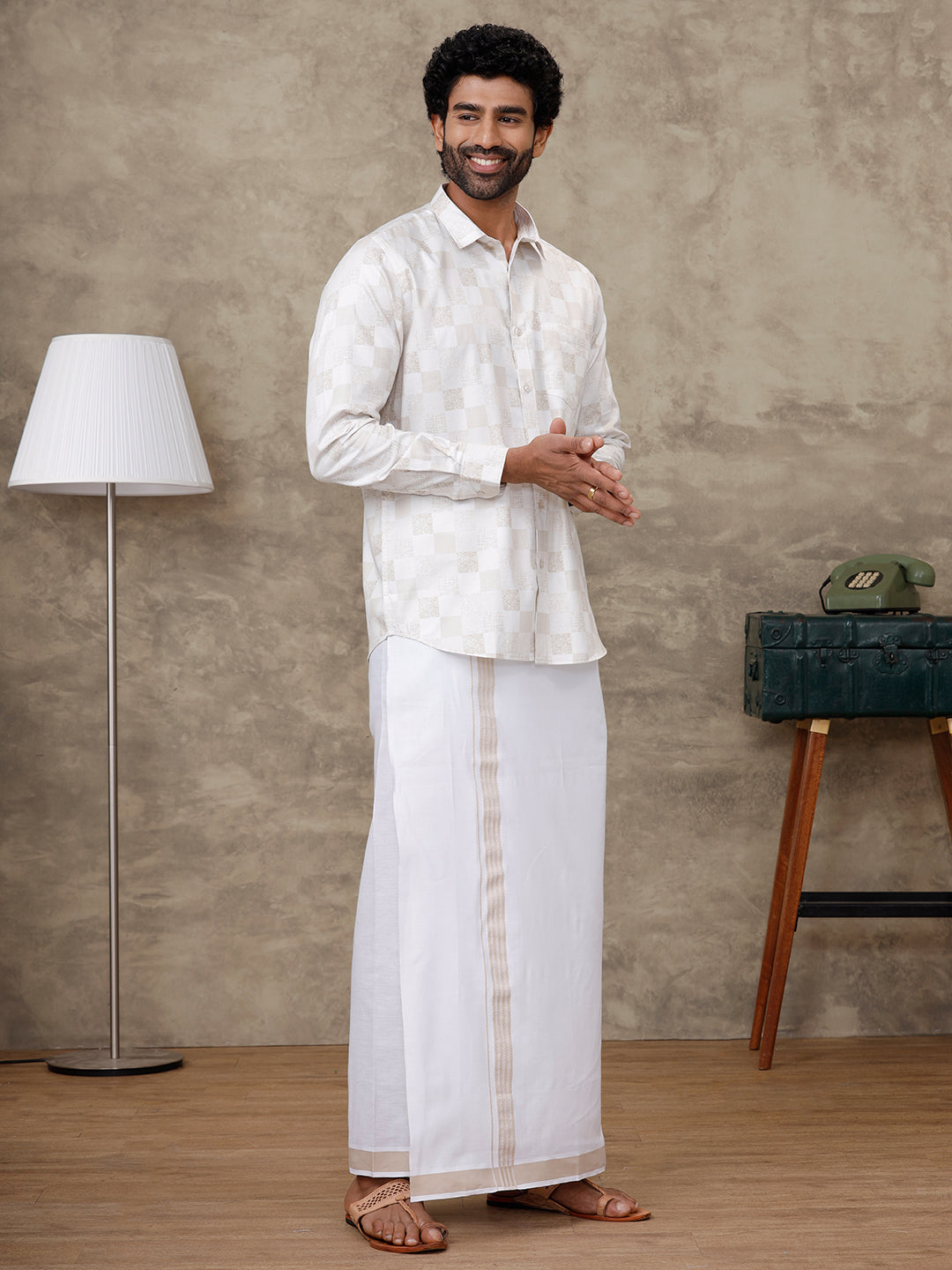 Men Cream Matching Border Dhoti With Printed Shirt Set Fusion PS1