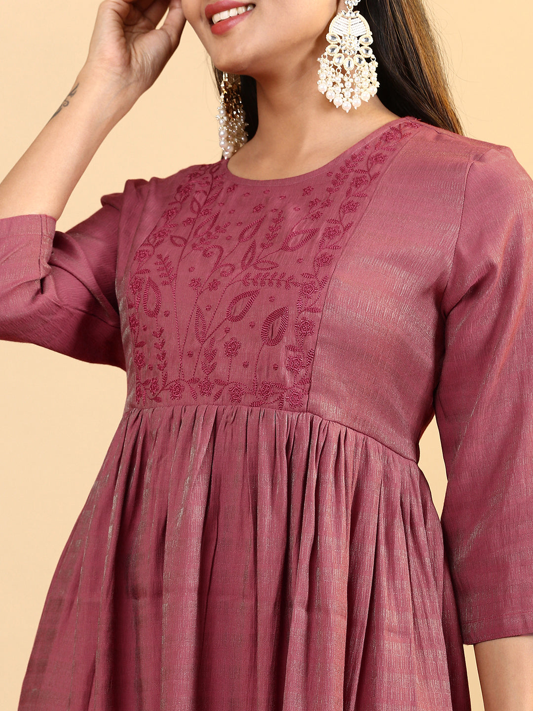 Women Cotton Embroidered Round Neck Kurti Maroon EKS14