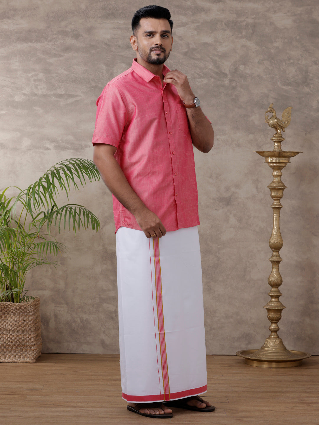 Mens Matching Jari Border Dhoti & Shirt Set Half Pink VB3