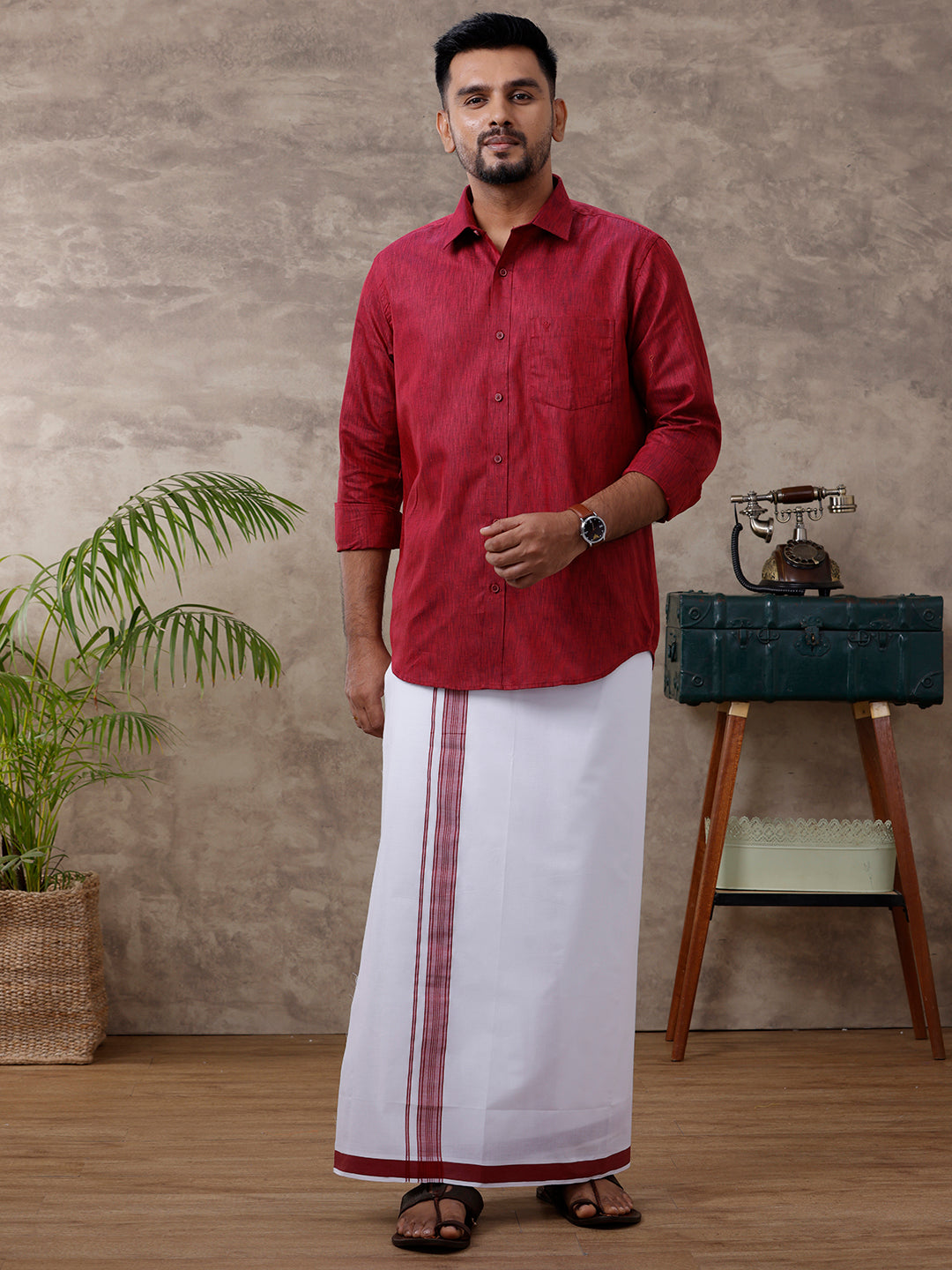 Men Matching Border Dhoti & Full Sleeves Shirt Set Maroon C81