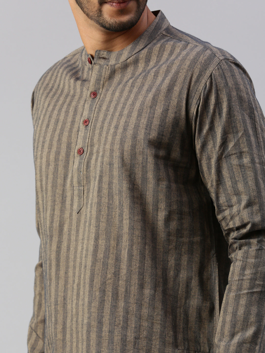 Mens Cotton Brown with Grey Striped Full Sleeves Short Length Kurta M5