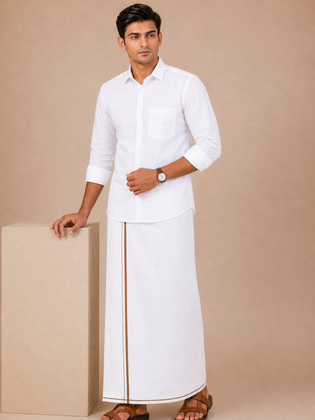 Men 100% Cotton Single Layer White Dhoti with Small Border Smart Nice SN01