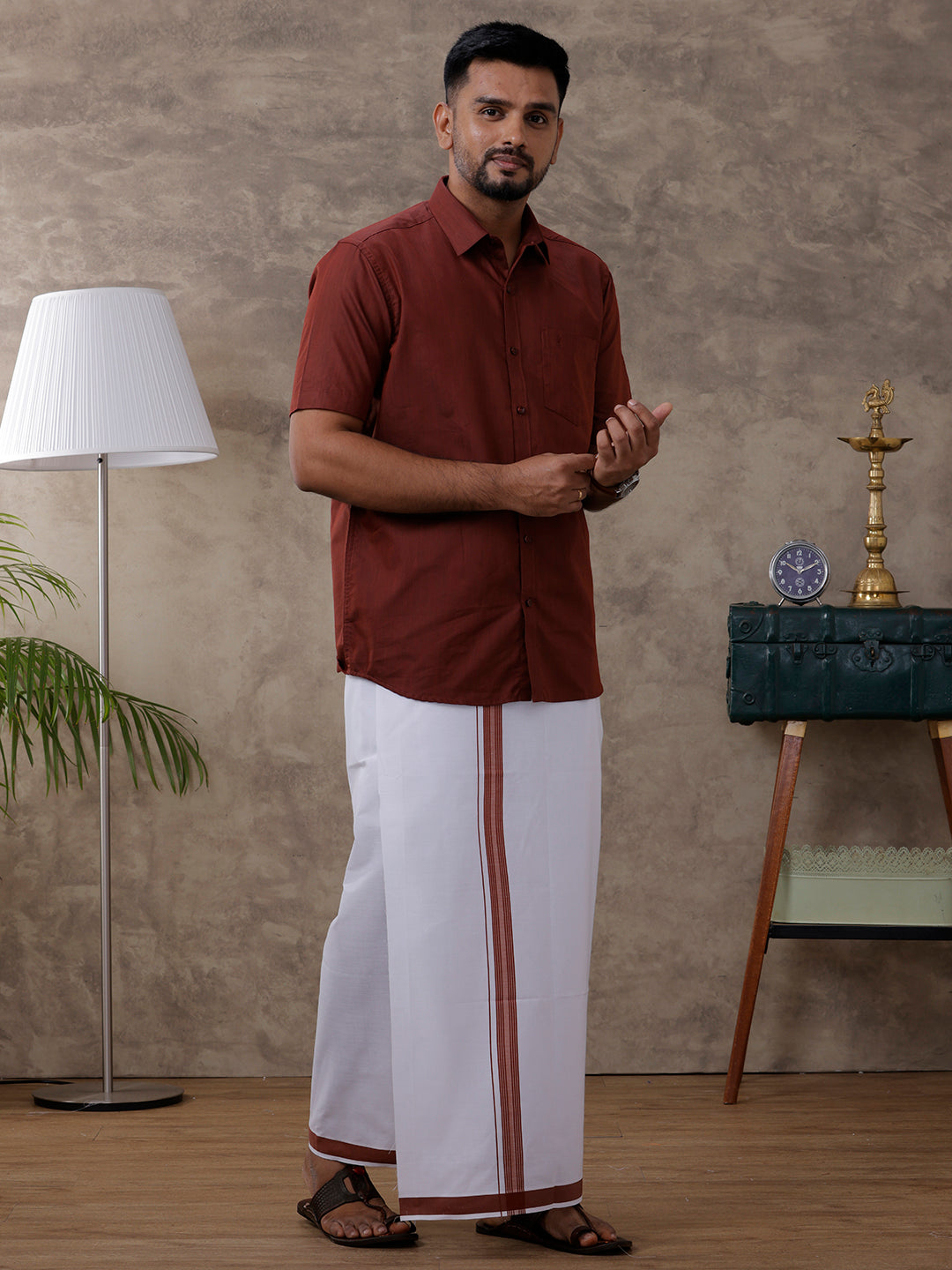 Men Brown Matching Border Dhoti & Half Sleeves Shirt Set Evolution IC7