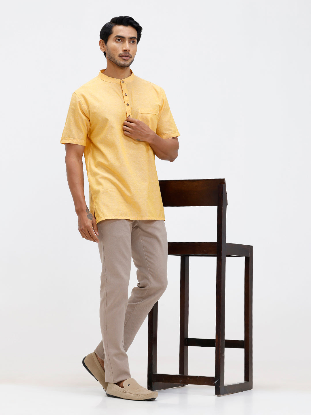 Men Cotton Short Length Plain Pocket Kurta Pale Orange PC31