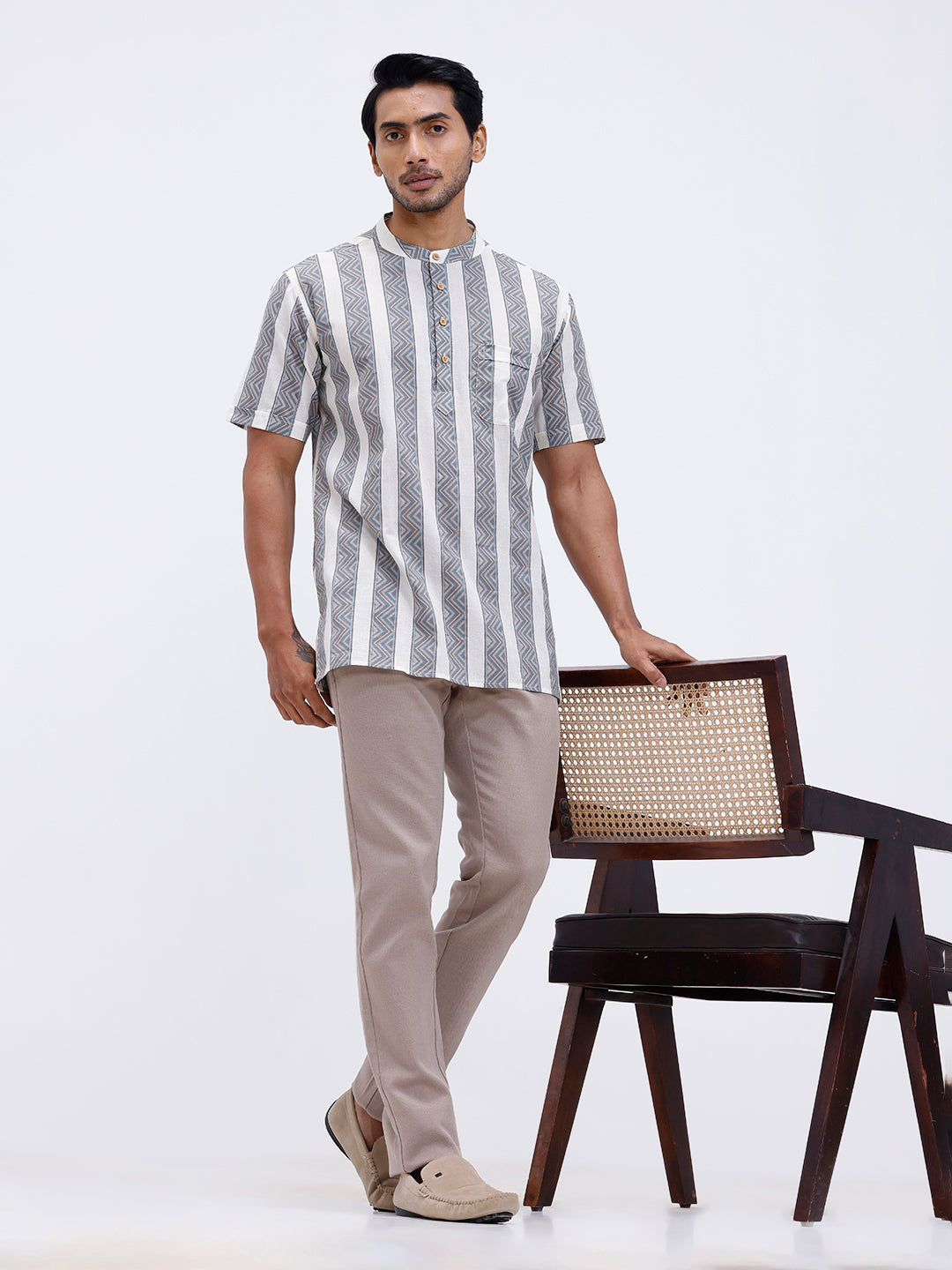 Men Cotton Short Length Printed Pocket Kurta LT Beige OF8