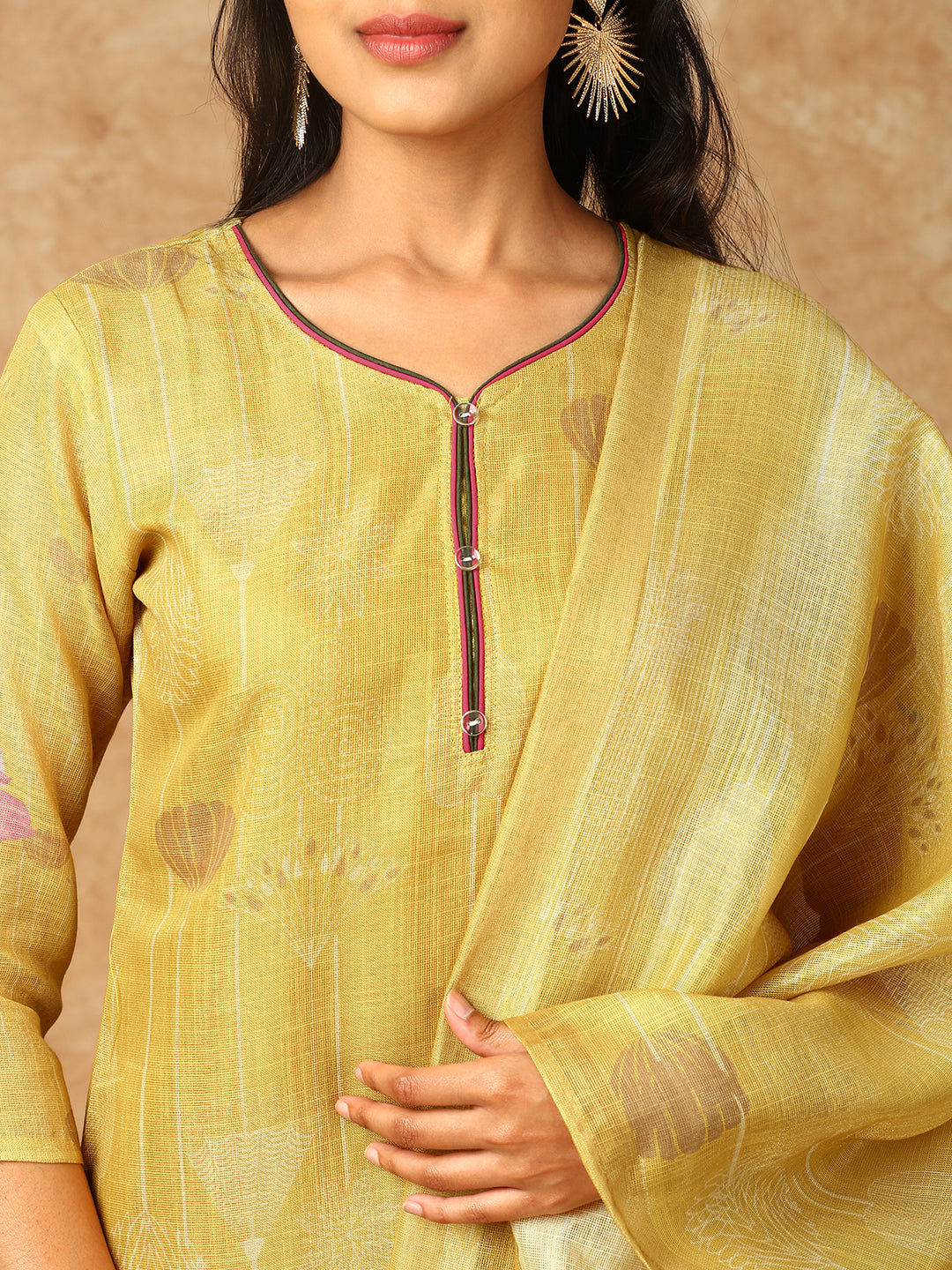 Women Tissue Printed Kurti Set Yellow EKS36