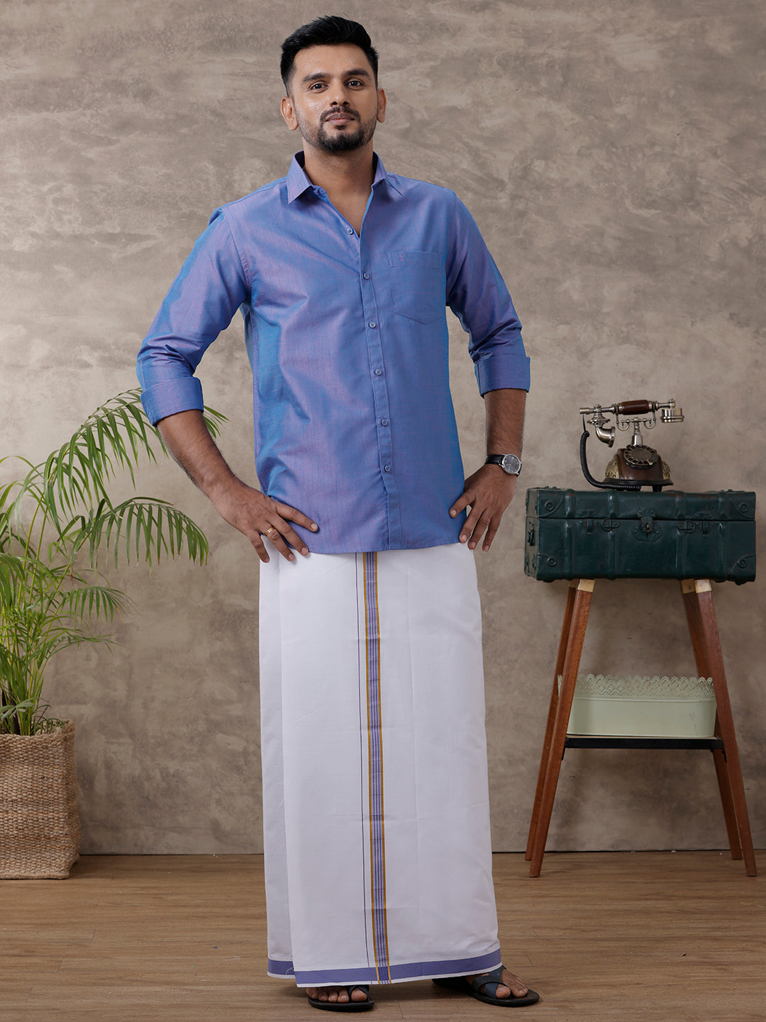 Men Matching Jari Border Dhoti & Full Sleeves Shirt Set Blue VB5