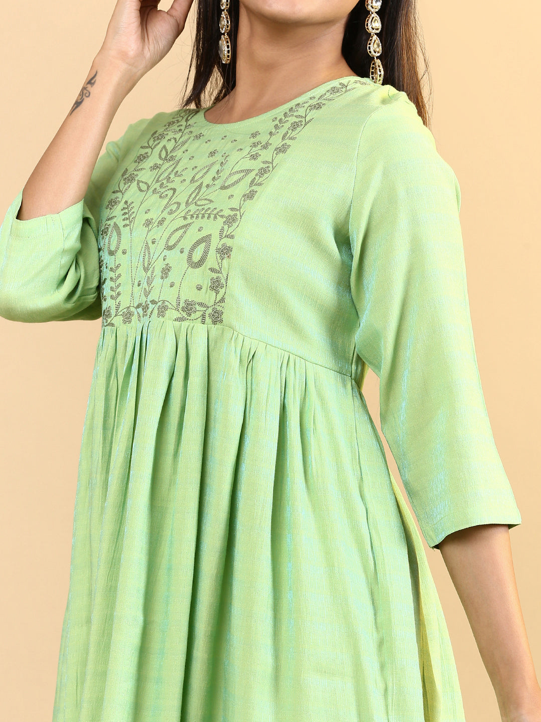 Women Cotton Embroidered Round Neck Kurti Parrot Green EKS12