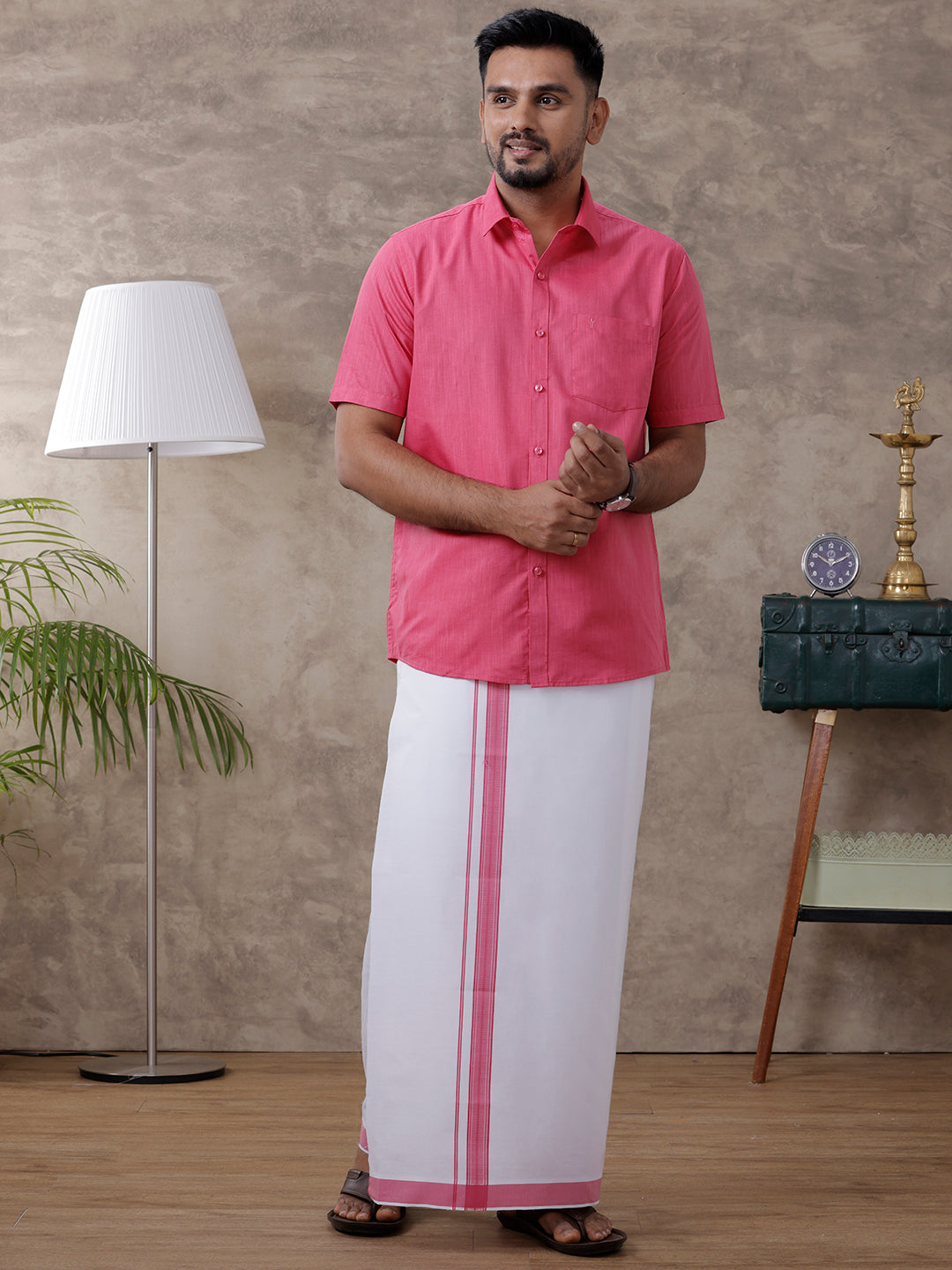 Men Pink Matching Border Dhoti & Half Sleeves Shirt Set Evolution IC2