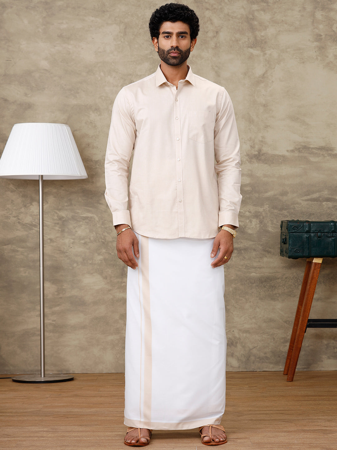 Men Pale Grey Shirt With Matching Border Dhoti Set Evolution