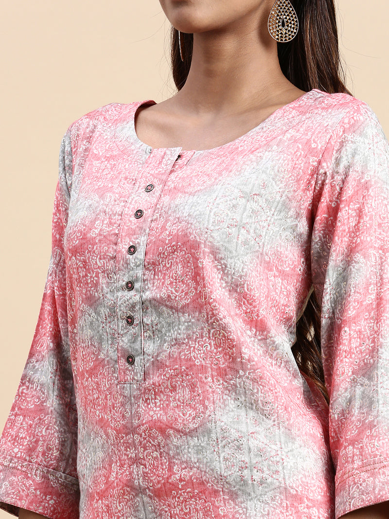 Women Cotton Pink & Grey Round Neck Straight Cut Printed Kurti PK32