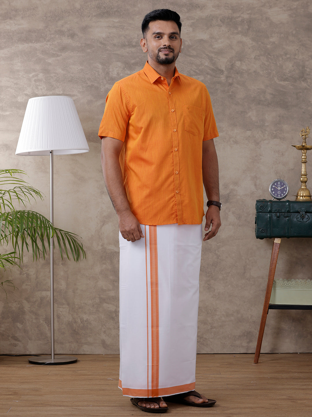 Men Orange Matching Border Dhoti & Half Sleeves Shirt Set Evolution IC1