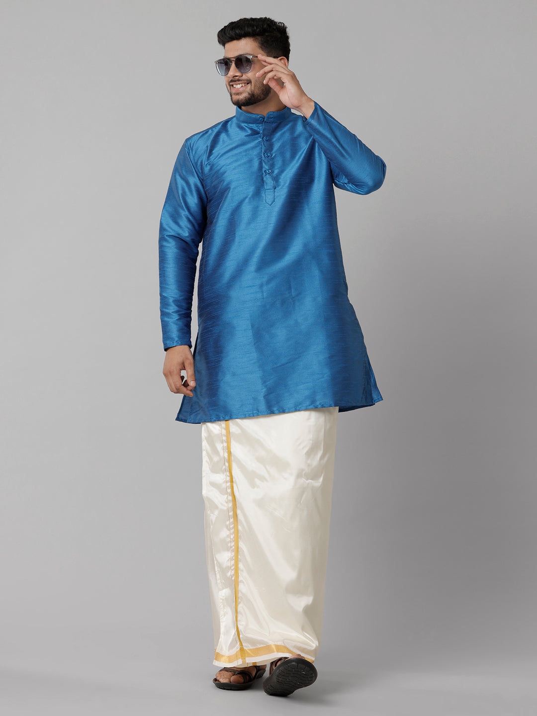 Mens Polyster Blue Medium Length Kurta with Art Silk Jari Dhoti Combo SL01