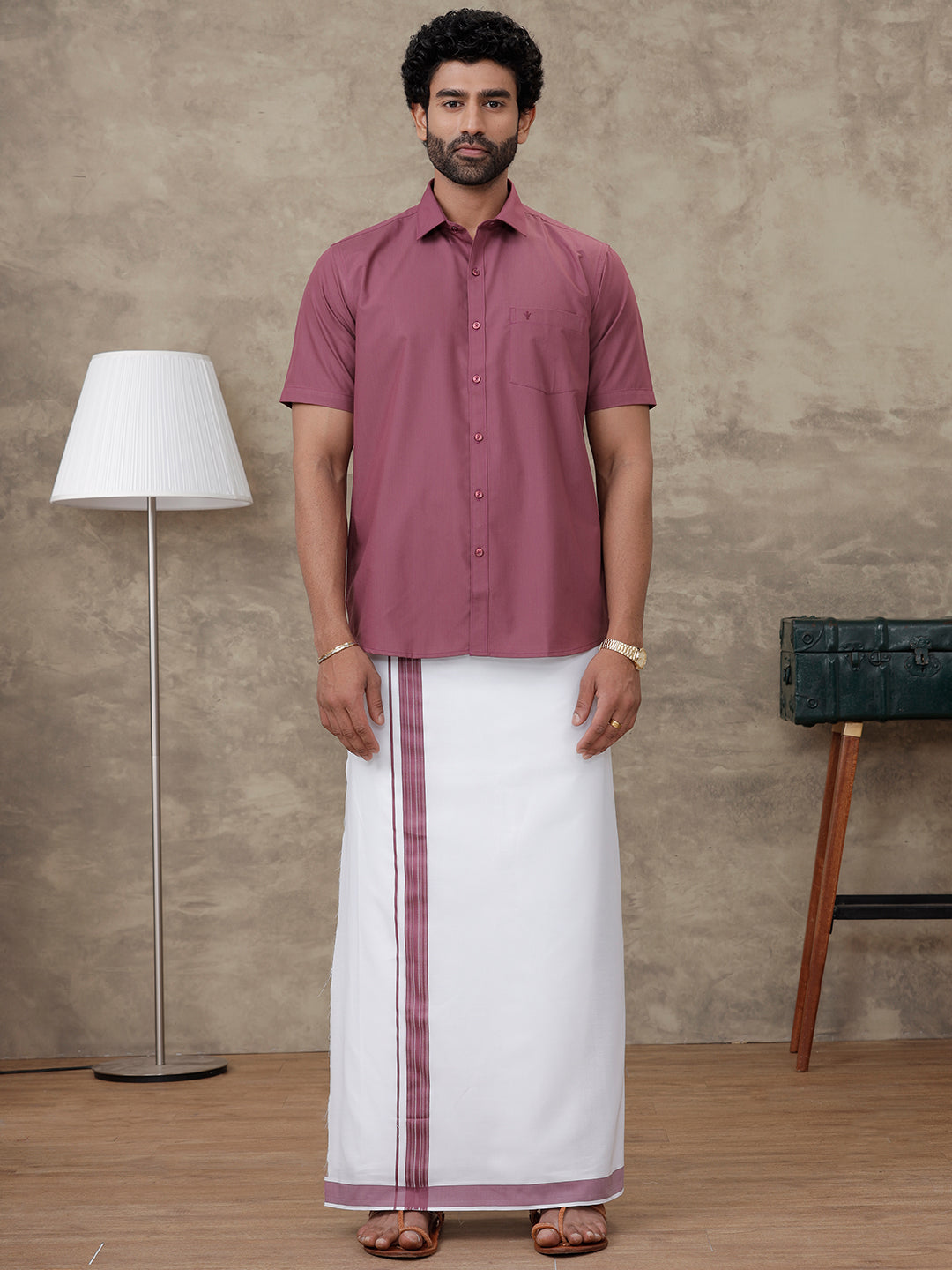 Men Wine Berry Shirt With Matching Border Dhoti Set Trendy