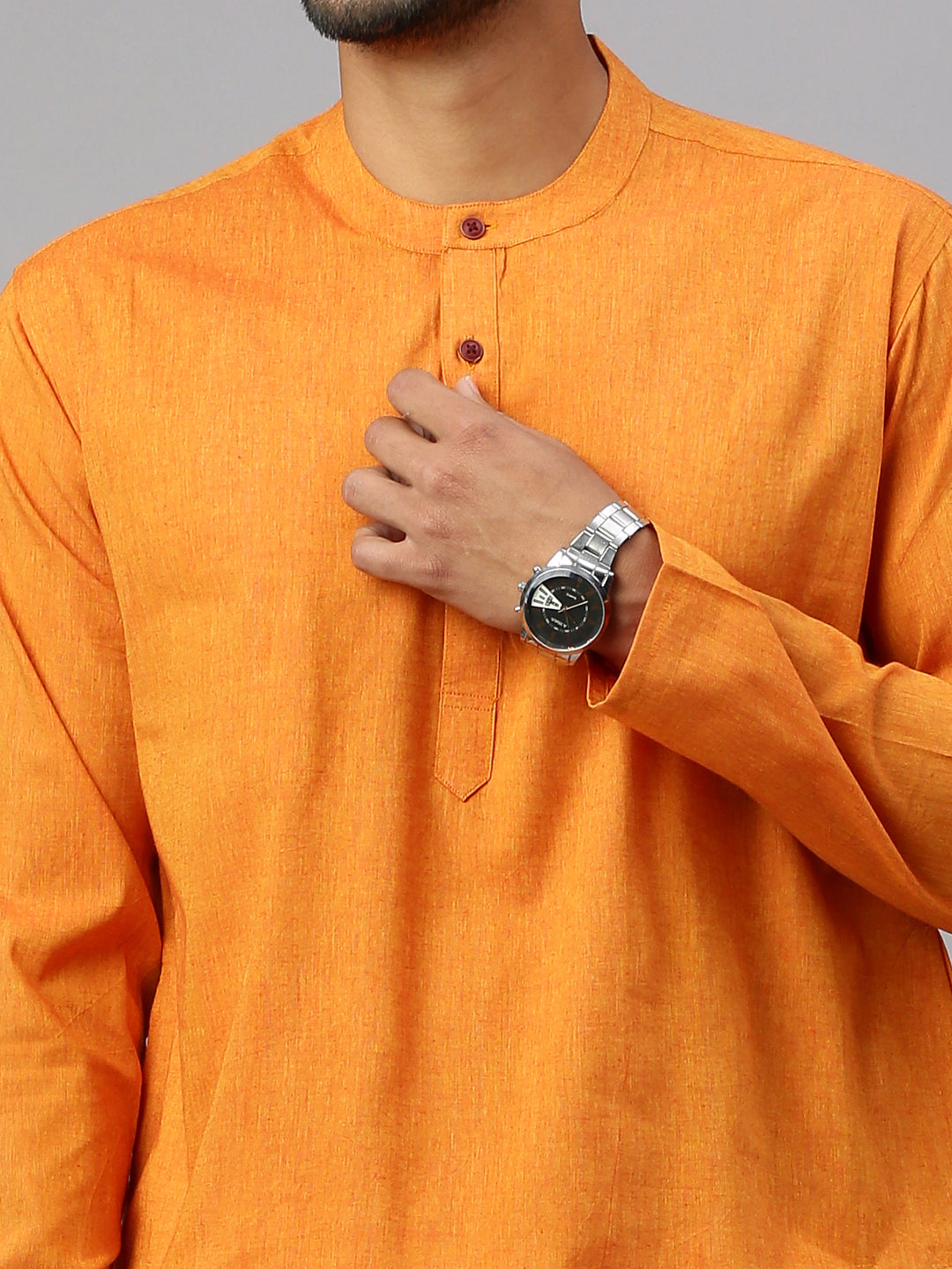 Mens Cotton Deep Suffron Medium Length Pocket Kurta M5