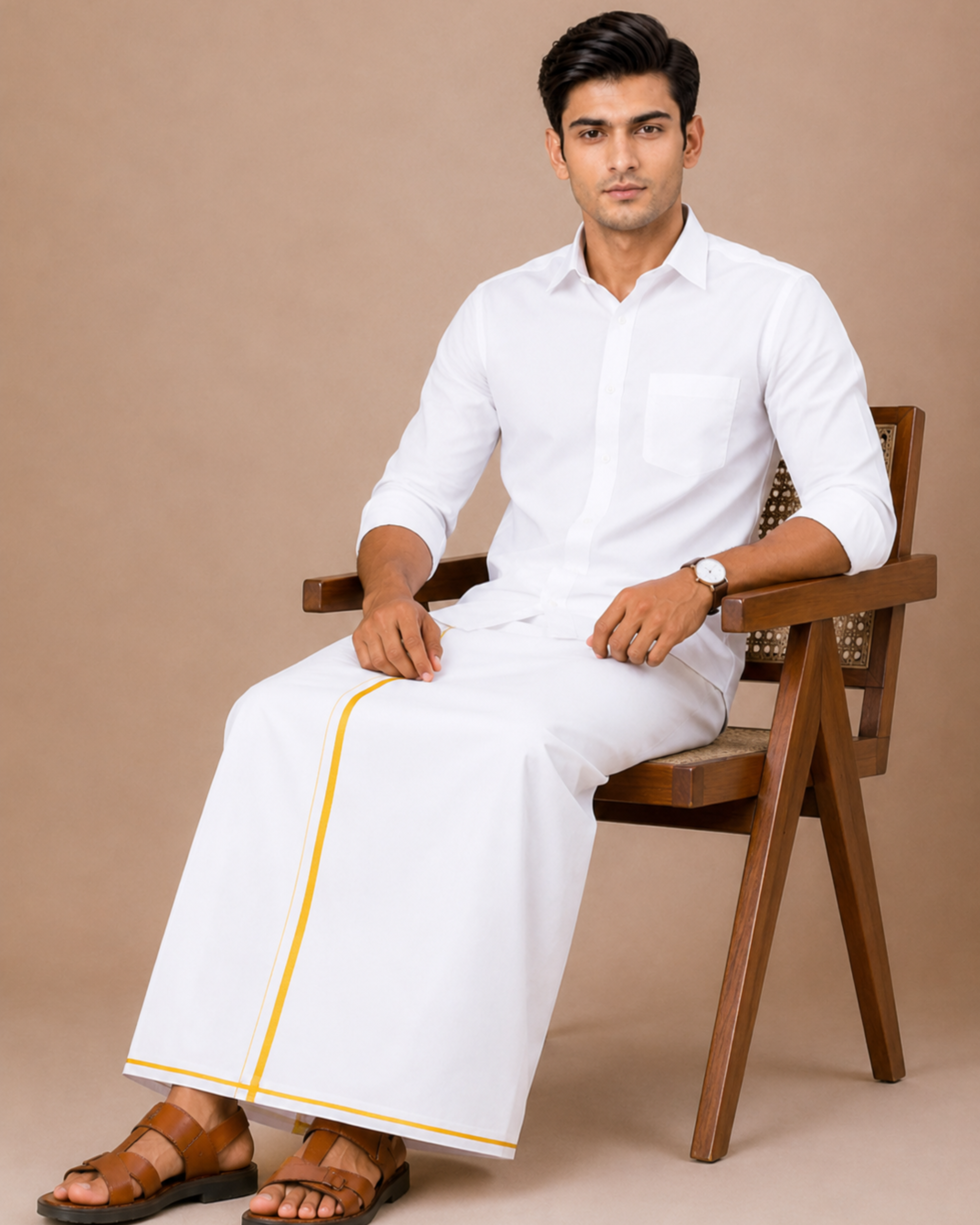 Men 100% Cotton Double Layer White Dhoti with Small Border Real Value RV02
