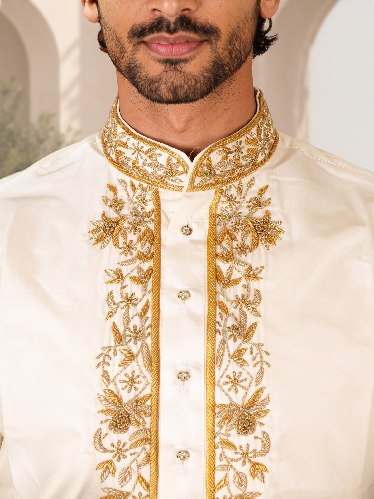 LAGNAA Premium Pure Silk Hand Embroidered Floral Motif Jari Work Kurta, Panchakacham & Angavastram set | Mangala Deepam