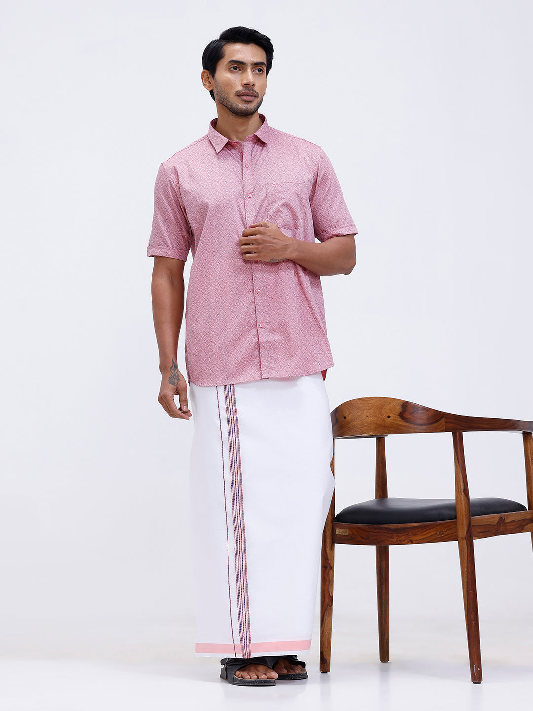 Men Soft Pink Matching Border Dhoti With Printed Shirt Set Fusion PS16