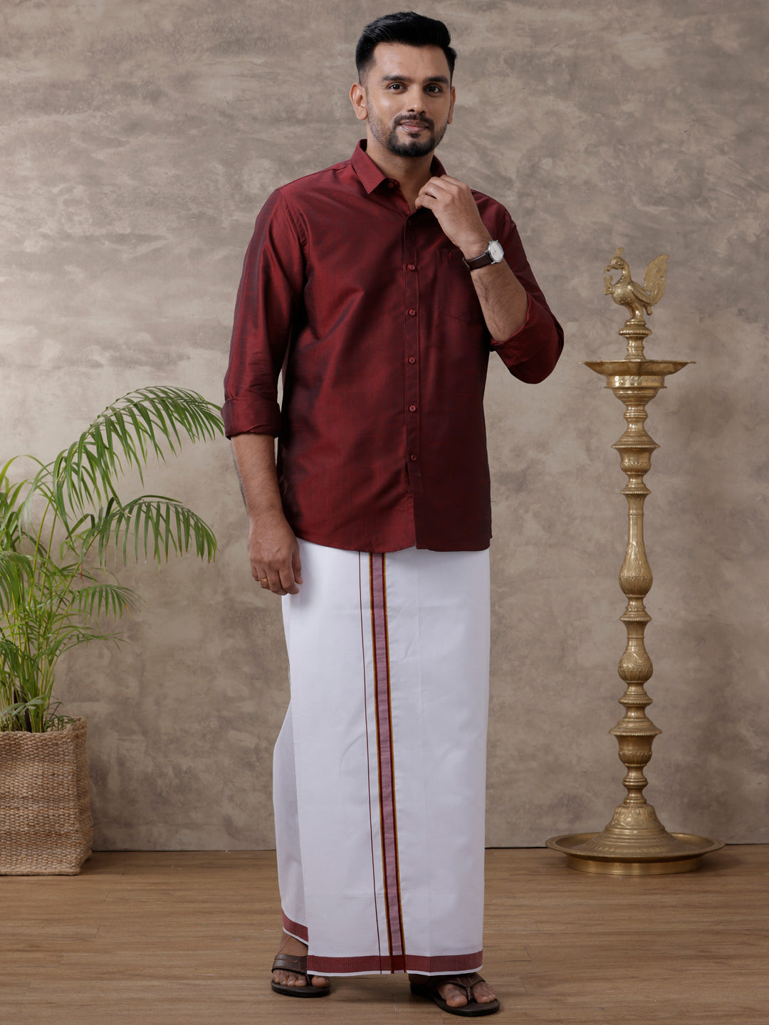 Mens Matching Jari Border Dhoti & Shirt Set Full Maroon VB7